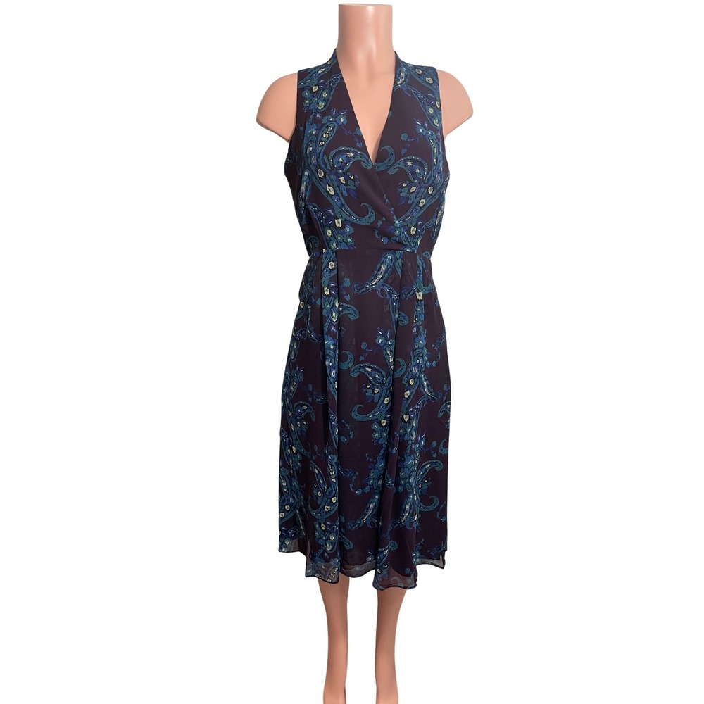 Cabi 3461 Purple Paisley Sleeveless Faux Wrap Midi Dress Size 6